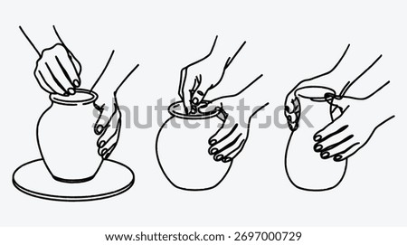 Handcraft ceramic pottery shaping process line art illustration drawing design