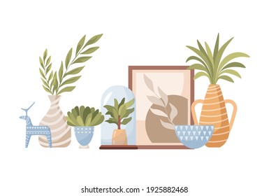 Handcraft decorative ceramics vector flat illustration isolated on white background. Kitchen utensil, tableware for home decoration, porcelain vases and pots with domestic plants, frame for photo.