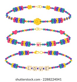 Pulseras de amistad de artesanía. Pulseras plásticas para cuentas, niños de la vieja escuela accesorios hechos a mano con cuentas de colores conjunto de ilustración vectorial plana