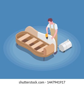 Handcraft furniture production isometric composition with craftsman assembling painting and upholstering luxury sofa blue background vector illustration 