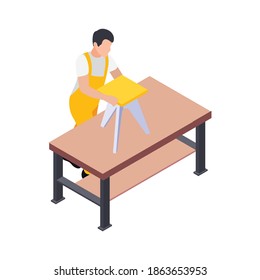 Handcraft furniture production isometric maker engaged in process of assembly isolated vector illustration