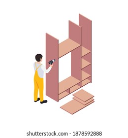 Handcraft furniture production isometric maker engaged in process of polishing surface isolated vector illustration
