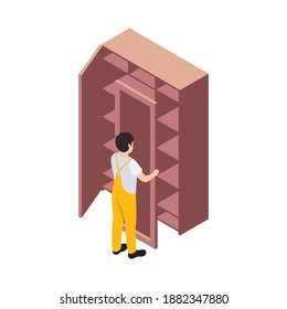 Handcraft furniture production isometric maker engaged in process of assembly isolated vector illustration