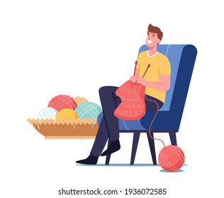 Handcraft Hobby Concept. Man with Knitting Needles Knit Warm Clothes of Cashmere Wool for Cold Winter Time. Male Character Enjoying Knitwork Hobby, Leisure and Fun. Cartoon Vector Illustration