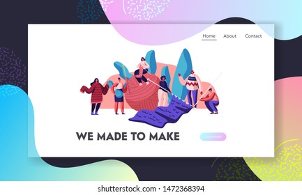 Handcraft Hobby Website Landing Page. Tiny Female Characters Knitwork with Huge Knitting Needles and Clew. Creating Warm Clothes for Winter Cold Time Web Page Banner. Cartoon Flat Vector Illustration