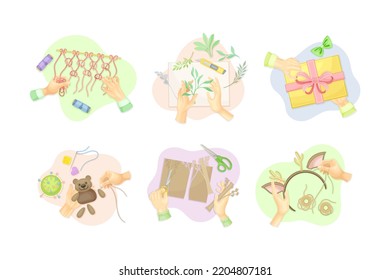 Handcraft with Human Hands Engaged in Needlework, Applique and Crocheting Above View Vector Set