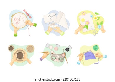 Handcraft with Human Hands Engaged in Tambouring, Origami, Applique, Pottery, Drawing and Crocheting Vector Set