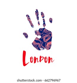 Handcraft logo in the colors of the British flag. Pattern of contour maps design on a trace human hand. Silhouette of a hand print with a topographic map. Red and blue color. Mapping logotype.