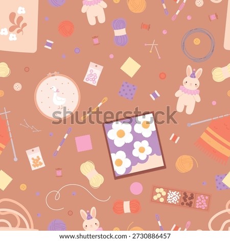 Handcraft seamless pattern. Different knitting and sewing tools, embroidery equipment, threads, yarn. Hand sew rabbit, handmade bag, vector background