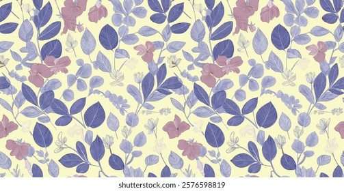 Handcrafted Abstract Floral Pattern with Muted Blue and Pink Leaves on a Soft Beige Background