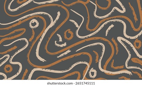 Handgefertigte abstrakte Linien in braun, beige und gebrannt orange auf einer tiefen Holzkohle-Basis. Modernes, grob strukturiertes und kräftiges Bildmaterial.