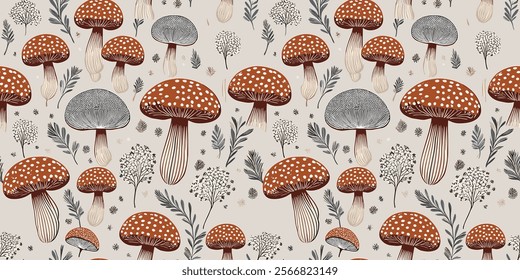 Handcrafted abstract, Mushrooms textile-inspired designs , ideal for modern wallpapers and wrapping paper.
