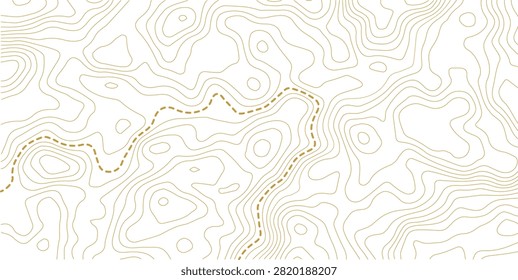 Handcrafted abstract topographic map background featuring contour lines and a dashed hiking trail. Perfect for outdoor adventure, navigation, camping, trekking, travel maps, posters, websites, and graphic design projects.