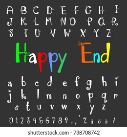 Handcrafted alphabet script font and numbers. Hand drawn ABC lettering and typography typeface named Happy End