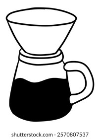 A handcrafted black and white illustration of a teapot pouring fresh coffee into a glass. Perfect for modern and minimalist themes