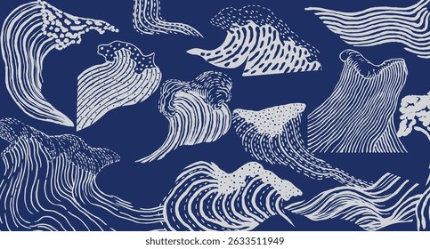 Handcrafted brush lines abstract collage waves background in white and blue, Japanese folk, ethnic wood carving, block print texture pattern, irregular and creative graphic for decoration