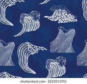Handcrafted brush lines abstract collage waves seamless pattern in white and blue, Japanese folk, ethnic wood carving, block print texture background, irregular and creative graphic for decoration
