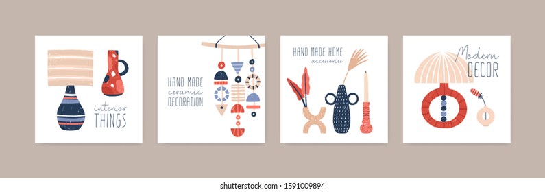 Handcrafted ceramics flat vector illustration set. Modern decor accessories collection. Decorative pottery, stoneware workshop social media banners pack. Handmade faience interior decorations.