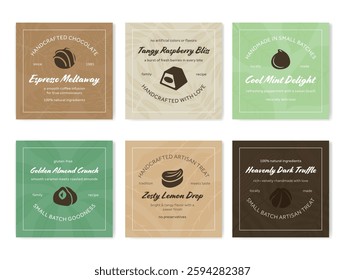 Handcrafted chocolate candy labels showcasing unique flavors and ingredients for artisanal treats