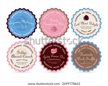 Handcrafted chocolate labels featuring unique flavors and natural ingredients in a colorful vector design