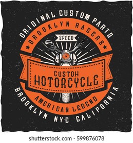 Handcrafted custom motorcycle label with a vintage font and decorations.