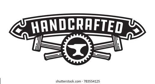Handcrafted design or badge with hammers.
Vector design featuring, crossed hammers, cog and anvil with handcrafted banner.