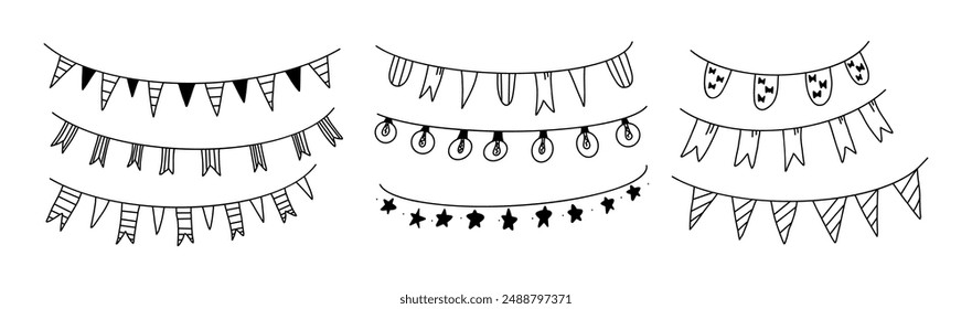 Handgefertigte Kritzelfahnen an Seilen. Stick-Vektorgrafik eingestellt. Ikonen im Skizzenstil mit festlichem Charme und dekorativen Elementen auf weißem Hintergrund