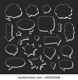 Handcrafted elements. Hand drawn set of speech bubbles and arrows on black background