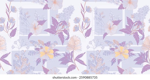 Handcrafted Floral textile pattern with pastel purple and yellow hues, for gift wrap and wallpaper