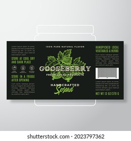 Handcrafted Fruit and Berry Spread or Jam Label Template. Abstract Vector Packaging Design Layout. Modern Typography Banner with Hand Drawn Gooseberry Silhouette Background. Isolated.