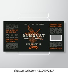 Handcrafted Fruit Jam Label Template. Abstract Vector Packaging Design Layout. Modern Typography Banner with Hand Drawn Kunquat Branch Silhouette Background. Isolated