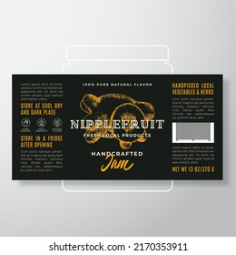 Handcrafted Fruit Jam Label Template. Abstract Vector Packaging Design Layout. Modern Typography Banner with Hand Drawn Nipplefruit Silhouette Background. Isolated