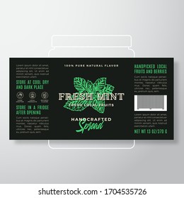 Handcrafted Fruit Spread or Jam Label Template. Abstract Vector Packaging Design Layout. Modern Typography Banner with Hand Drawn Mint Leaves Silhouette Background. Isolated.