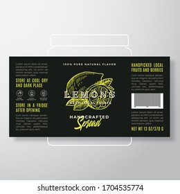 Handcrafted Fruit Spread or Jam Label Template. Abstract Vector Packaging Design Layout. Modern Typography Banner with Hand Drawn Lemons Silhouette Background. Isolated.