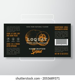 Handcrafted Fruit Spread or Jam Label Template. Abstract Vector Packaging Design Layout. Modern Typography Banner with Hand Drawn Half and Whole Loquat Silhouette Background. Isolated.