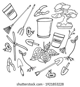 Handcrafted Gardening Icons - Intricate vector illustration of gardening tools, hand-drawn for a unique and artistic appeal. Elevate your gardening-related projects with this visually stunning toolset