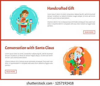 Handcrafted gift and conversation with Santa vector web pages, Christmas Claus and kid sitting on his laps vector. Girl scrapbooking greetings, text sample