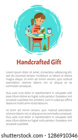 Handcrafted gift, girl sitting at table and cutting Xmas tree and snowman, Santa Claus of paper. Kid making cards on Christmas holidays, poster with text