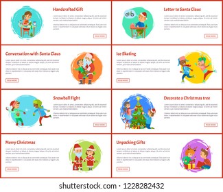 Handcrafted gifts of girl, tree decoration web vector. Boy making wish writing letter to Santa Claus, snowball fights of children on winter vacations