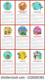 Handcrafted gifts made by child girl Christmas holiday preparation vector. children playing together. Santa Claus with presents in bag sack and helper