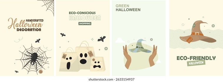Handcrafted Green Halloween Eco-Conscious Decoration Design poster Collection. eco-Halloween design set. sustainable celebration elements. Responsible halloween concept.Flat style. Vector illustration