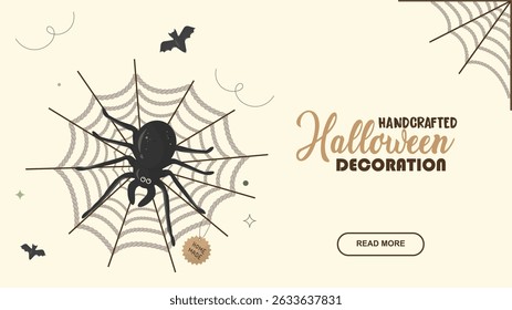 Handcrafted Halloween Spider Web Decoration Banner. handmade web decoration with artisanal tag. Eco halloween concept. Homemade halloween decorations. Flat style. Eco-friendly. Vector illustration