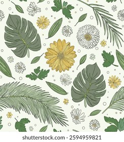 Handcrafted handmade pattern of green leaves and white and yellow flowers on light background, for gift wrap and wallpaper