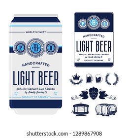 Handcrafted light beer label on aluminium can. Brewing company branding and identity icons and design elements.