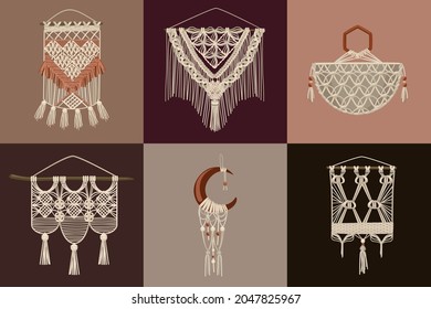 Concepto de diseño de macrame artesanal de seis composiciones cuadradas con colgamiento de pared para decoración doméstica ilustración vectorial plana