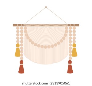 Macrame artesanal sobre el concepto de pendant. Elemento de decoración y decoración para apartamento o casa. Confort y comodidad. Dibujo vectorial plano de dibujos animados aislado en fondo blanco