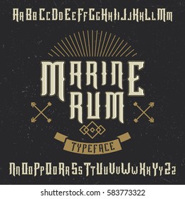 Handcrafted 'Marine' typeface with arrows and a ribbon. Label font. Vintage font,