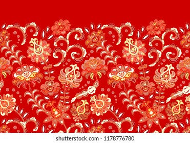 Handcrafted motifs - seamless floral border with stylized flowers. Horizontal vector fringe. Red