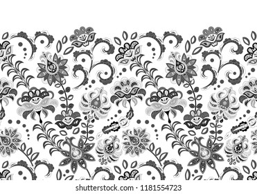 Handcrafted motifs - seamless floral border with stylized flowers. Horizontal vector fringe. White and black. Two colors print