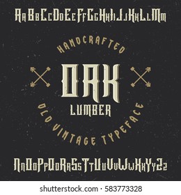 Handcrafted 'Oak' typeface with arrows. Label font. Vintage font.